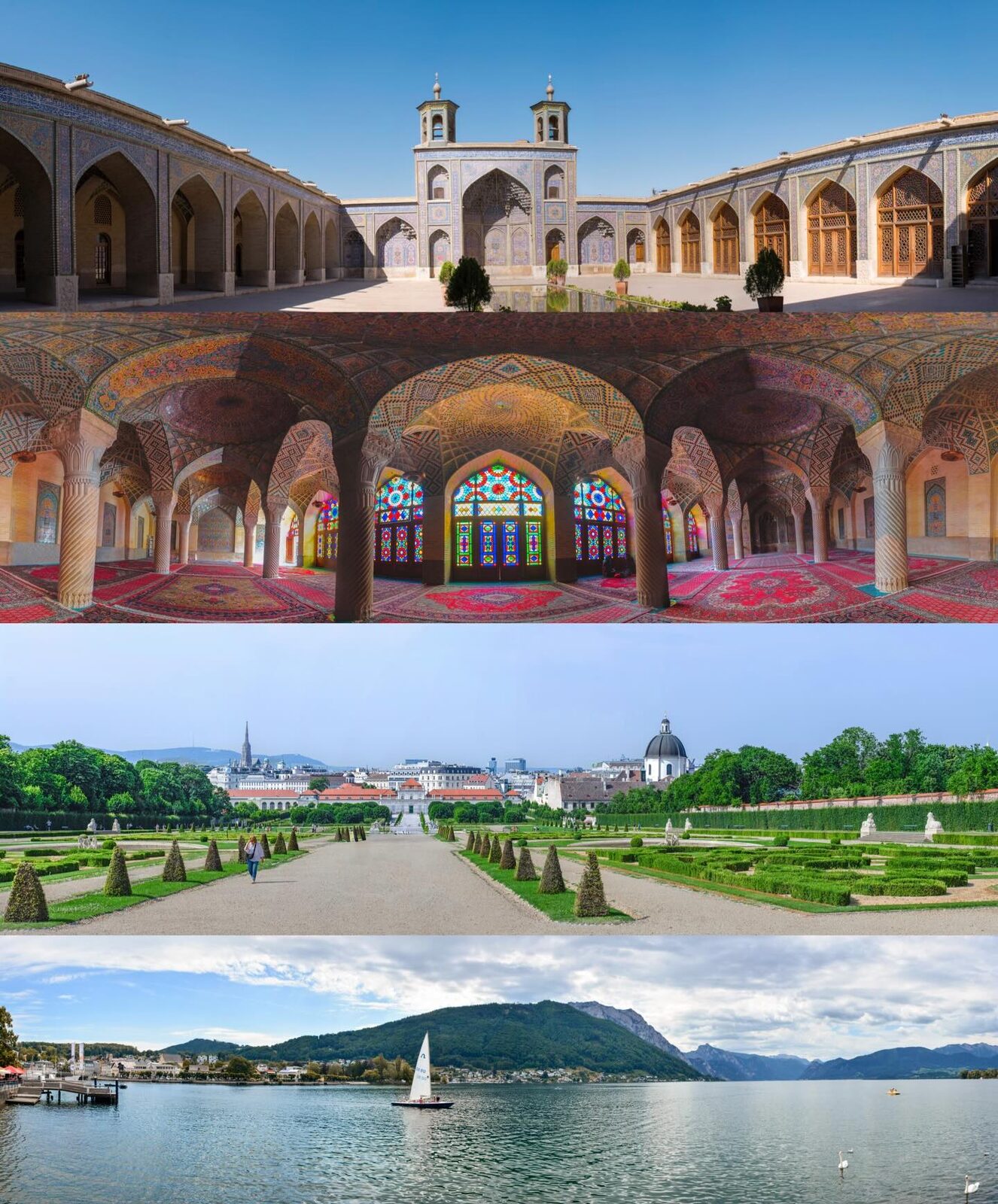 Vierteiliges Bild: Moschee im Iran, Belvedere Wien, Voralpensee