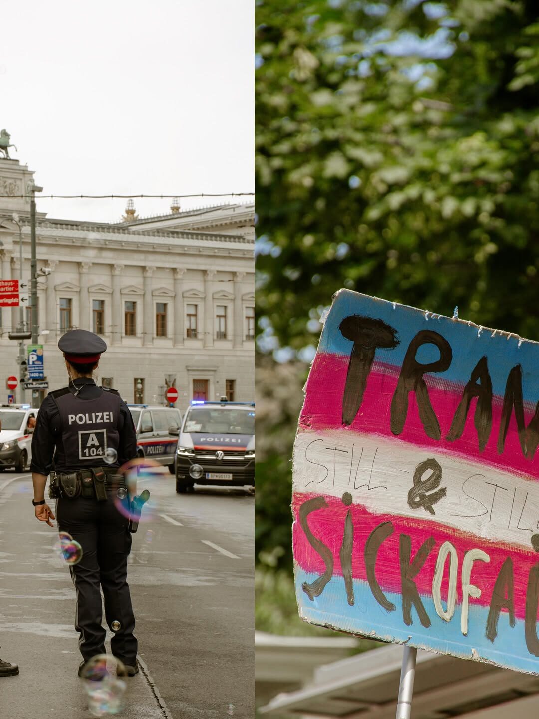 Polizistin und Transgender-Flagge bei einer Demonstration